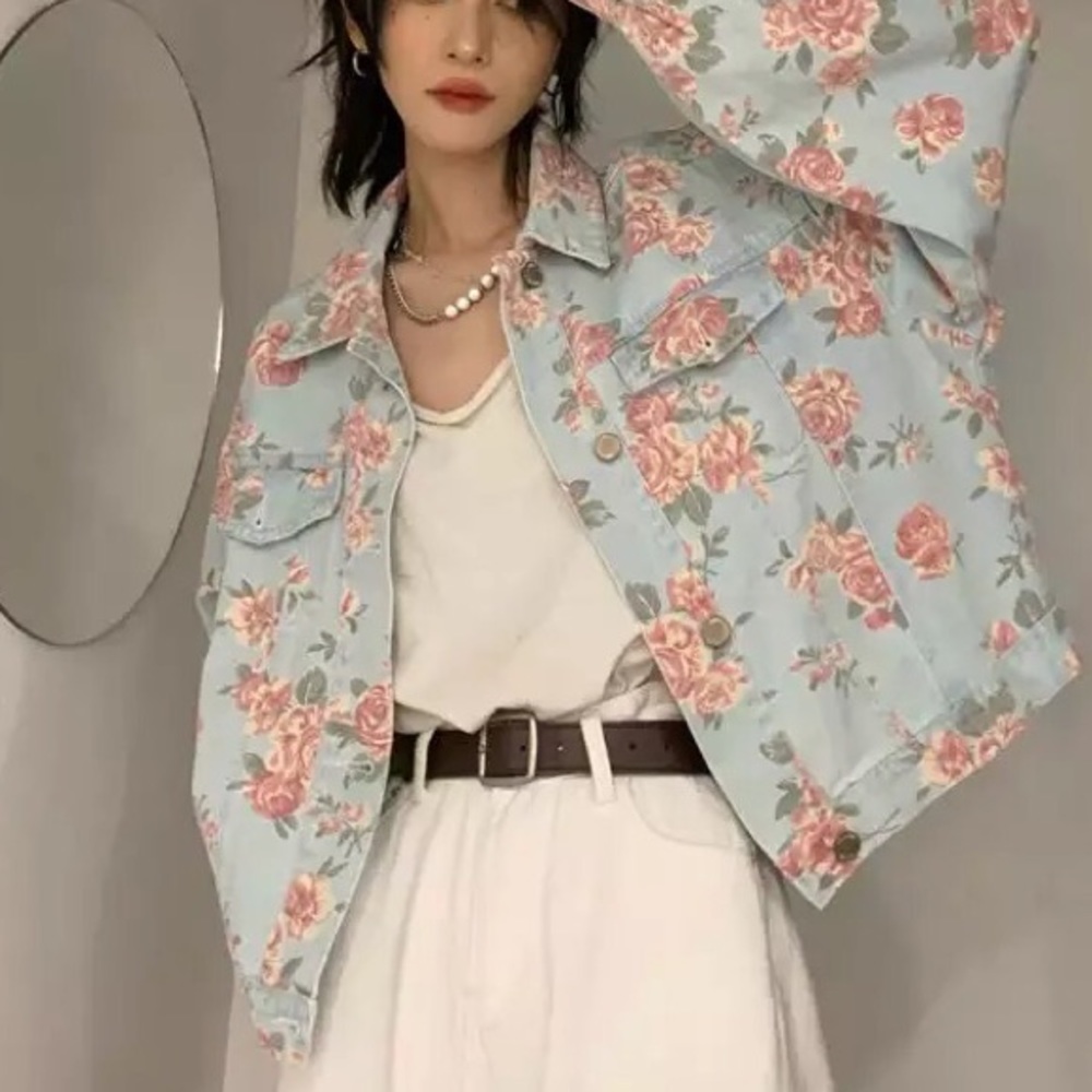 Floral denim jacket puff sleeve jean jackets pocket flowers blue